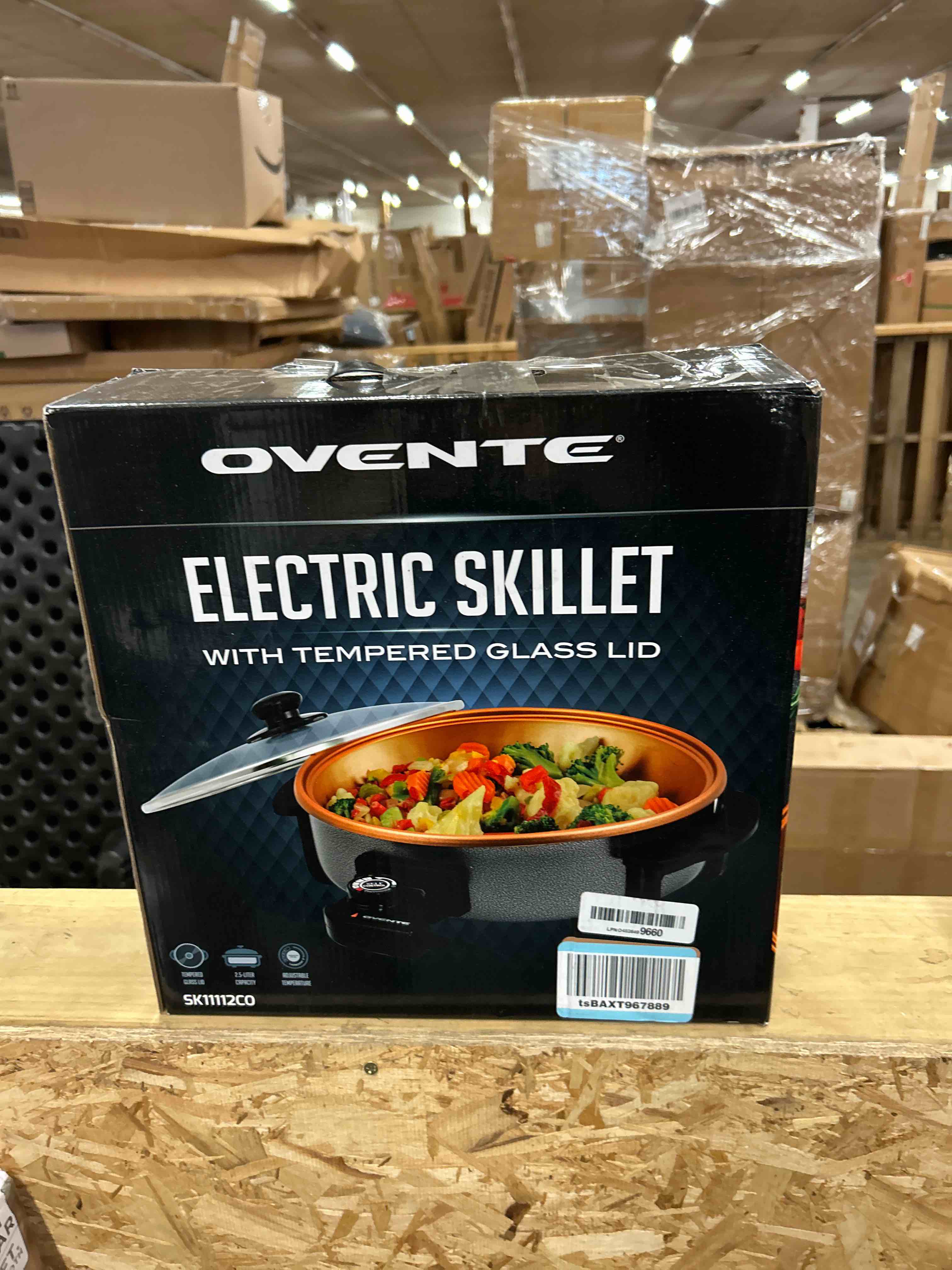 Condition photo showing New/Like New for ovente 11.5-inch electric skillet & frying pan  1400w nonstick cooking pan with adjustable temperature control  tempered glass lid with steam vent  cool-touch handles  easy clean copper sk11112co