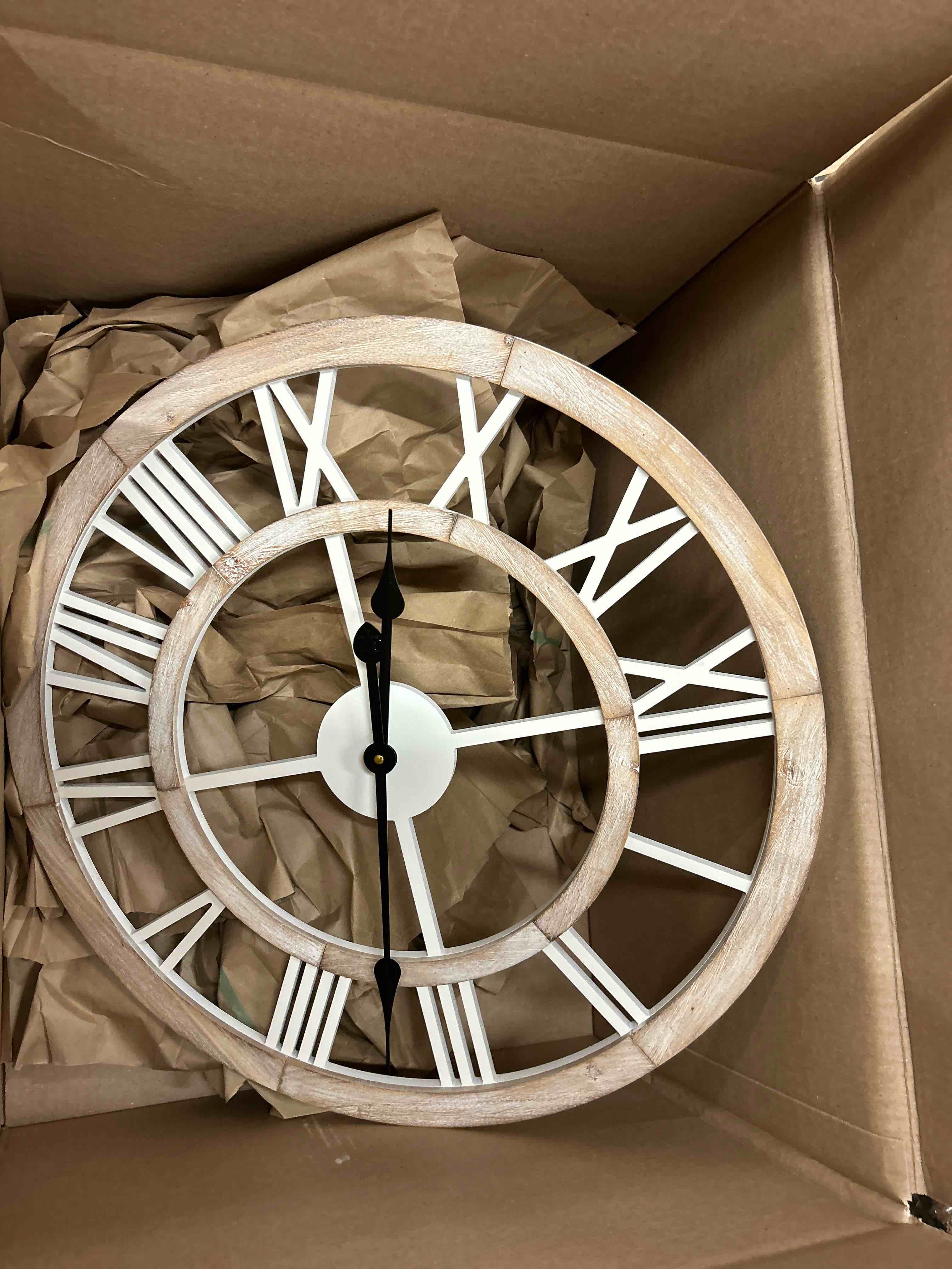 Condition photo showing New/Like New for 24 inch large rustic wall clock silent non-ticking wooden wall clocks with roman numerals farmhouse decorative clock for living room bedroom office (light lvory, 24 inch)