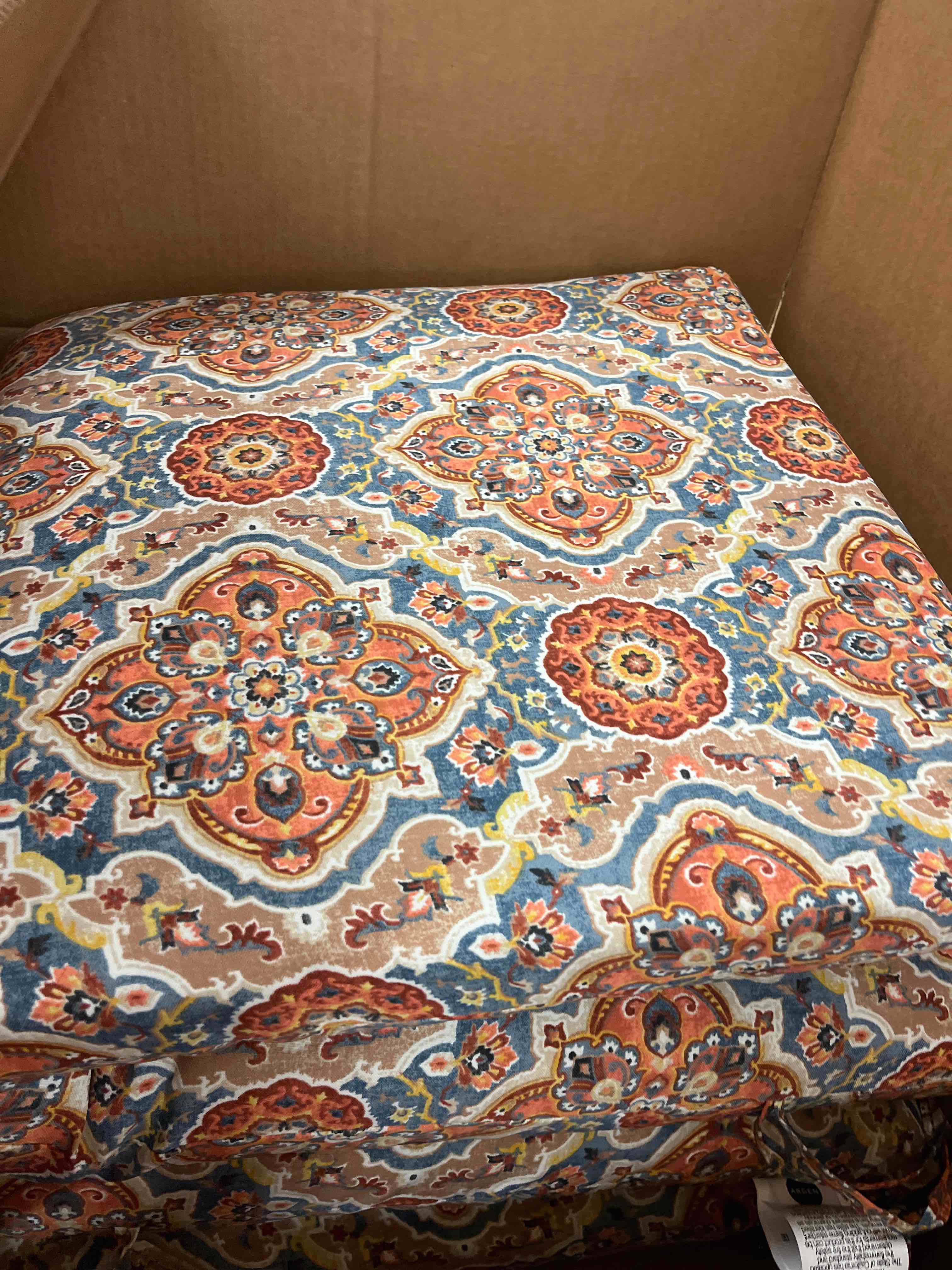 Condition photo showing New/Like New for arden outdoor deep seat cushion set (2-pack), 24 in x 24 in, weather-proof, rain-proof, fade resistant patio cushion for chair, sofa, and couch global vintage medallion