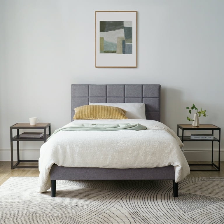 mainstays gray upholstered square tufted platform bed, no box spring needed, queen