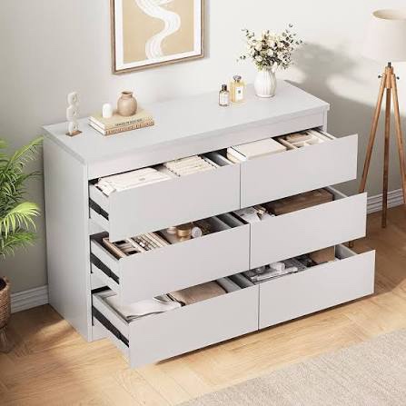 Condition photo showing Good Condition for jocoevol white 6 drawer dresser for bedroom, 15.3" d x 47.2" w x 32.3" h in simply modern chest of drawers, wood storage double dresser with deep drawers for living room, hallway entryway, white