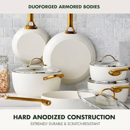Condition photo showing New/Like New for greenpan reserve hard anodized healthy ceramic nonstick 10 piece cookware pots and pans set, gold-tone stainless steel handles, pfas & pfoa-free, dishwasher safe, oven & broiler safe, cream white