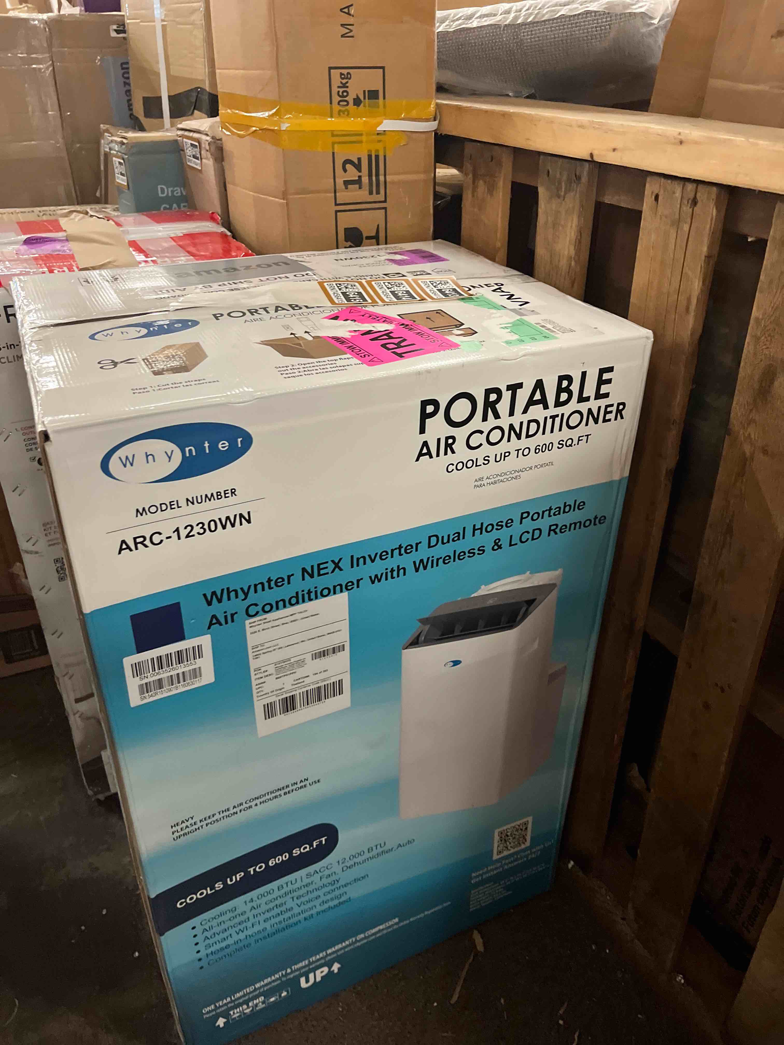 Condition photo showing New/Like New for whynter arc-1230wn 14,000 btu (12,000 btu sacc) nex inverter dual hose cooling portable air conditioner, dehumidifier, and fan with smart wi-fi, up to 600 sq ft in white