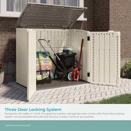 Condition photo showing New/Like New for suncast 34 cu ft horizontal resin storage shed - outdoor storage shed with floor included, lockable, weatherproof, fits small to medium trash cans, generators, & garden tools, vanilla stoney