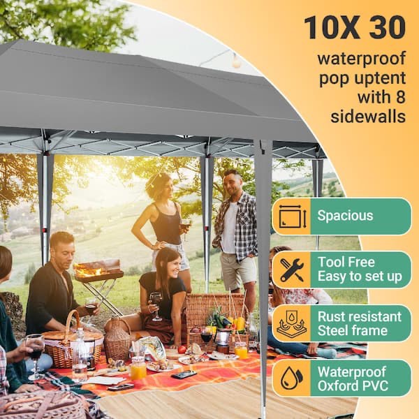 Condition photo showing New/Like New for 10x30 ft pop up canopy tent with 8 sidewalls, waterproof commercial instant shelter tent