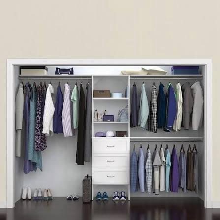 Condition photo showing New/Like New for closetmaid suitesymphony wood closet organizer starter kit tower and 3 hang rods, shelves, adjustable, fits spaces 5 – 10 ft. wide, pure white, 25"