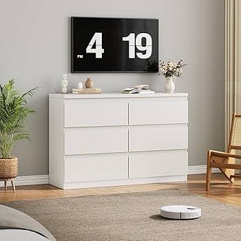 Condition photo showing New/Like New for jocoevol white 6 drawer dresser for bedroom, 15.3" d x 47.2" w x 32.3" h in simply modern chest of drawers, wood storage double dresser with deep drawers for living room, hallway entryway, white