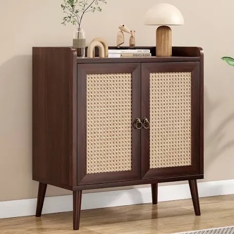 Condition photo showing New/Like New for sideboard buffet kitchen storage cabinet with rattan decorated doors, dining room, living room?hallway, cupboard console table, liquor/accent cabinet, (walnut)
