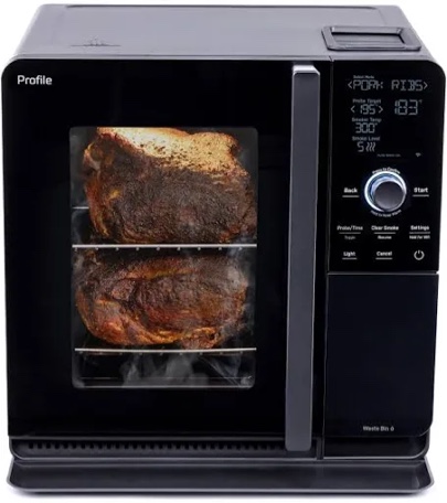 Condition photo showing New/Like New for ge profile smart indoor pellet smoker, with active smoke filtration, 5 smoke control settings, wifi connected, electric, countertop bbq appliance, black