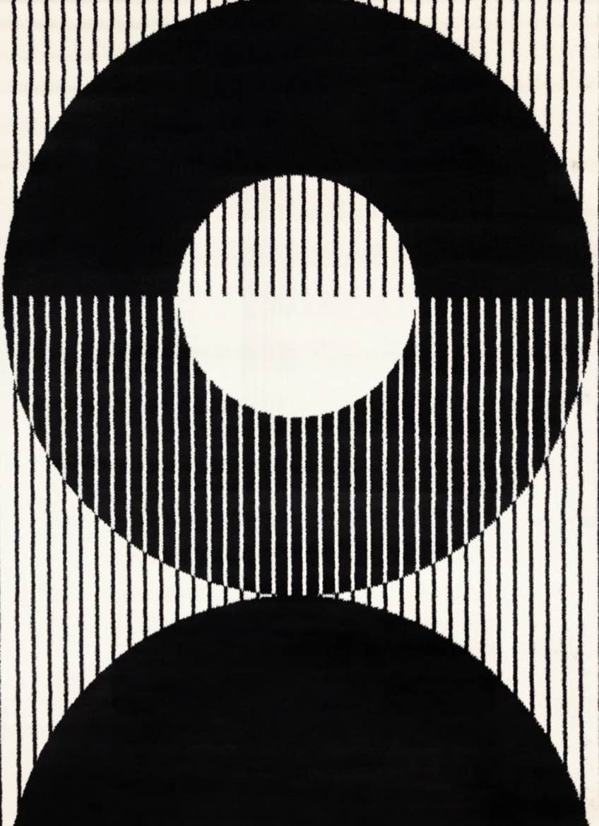 Condition photo showing New/Like New for forte black white stripes contrasting modern area rug - (5'3" x 7'5")