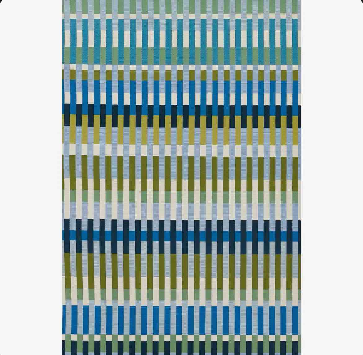 Condition photo showing New/Like New for striped indoor outdoor blue rug (7x10)