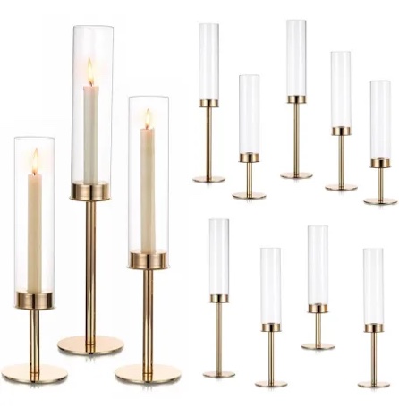 Condition photo showing New/Like New for (2)teenyyou 12 set glass hurricane candle holders 11.8" open ended glass candleholder tube shape bottomless and 1.3" taper candlestick holders for wedding party table centerpiece (gold)