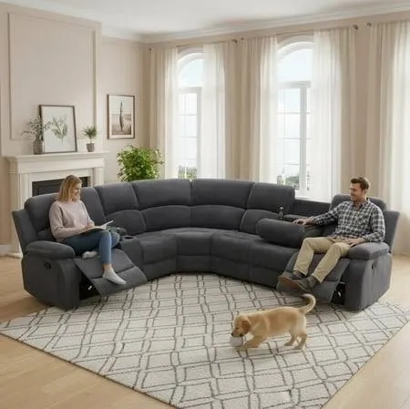 Condition photo showing New/Like New for corner seat only (use alone or pair with the sectional) manual recliner sectional sofa for living room,l shaped reclining sectional corner couch,gray corduroy recliner sofa set with storage console/drop down coffee table/cup holders