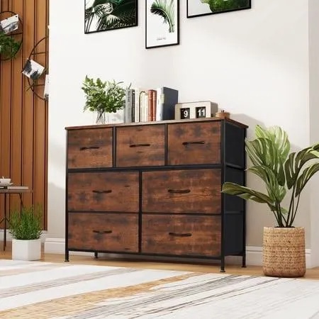 sweetcrispy 7 drawer dresser with fabric bins fabric storage tower organizer for bedroom closet hallway entryway tall chest of drawers with steel frame wood top easy pull handles,rustic brown