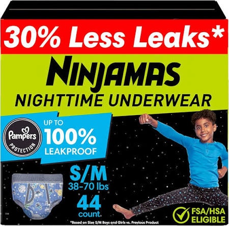 Condition photo showing New/Like New for ninjamas boys bedwetting nighttime underwear, size s/m (38-70 lbs), 44 count, overnight protection, ultra absorbent, hypoallergenic