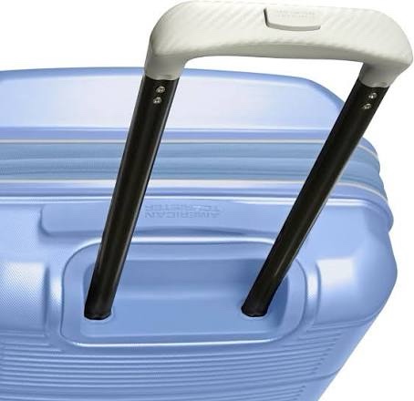 Condition photo showing As Is for american tourister stratum xlt expandable hardside luggage with spinner wheels, blue spruce, carry-on 21-inch