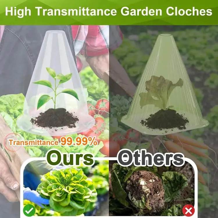 Condition photo showing New/Like New for 24 pieces garden cloches for plants, multifunctional plant cover plant protectors transparent bell jar cloches protection plants from birds, slugs, frost, freeze weather, 7.8" d x 9.4" h, green