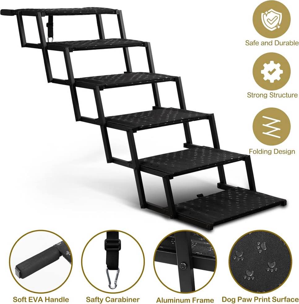 Condition photo showing New/Like New for extra wide dog ramp for car truck and suv dog stairs for large dogs folding pet stairs with non-slip rug surface supports up to 280 lbs (wide 6 steps)