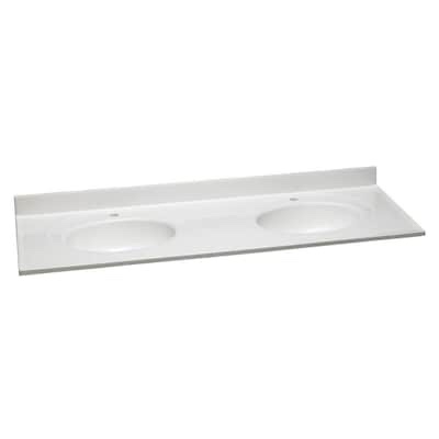 Condition photo showing New/Like New for design house 61-in x 22-in solid white cultured marble double sink single hole faucet mount bathroom vanity top