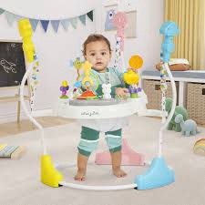 dream on me zany 2-in-1 baby activity center and bouncer in star print, sturdy and strong frame, 3 height positions, 360° rotating seat, 12 songs with flash lights