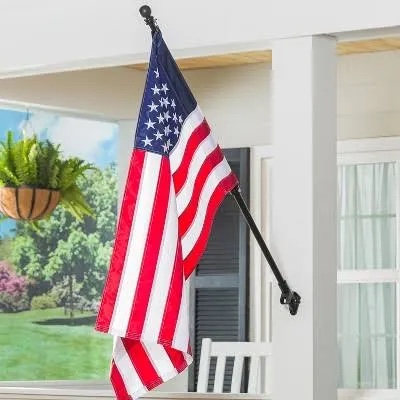 evergreen telescoping 5ft metal flag pole | incl two tangle-free ring clips | black | wall mounted for home garden outdoor | house and 3'x5' american flags with pole sleeve or grommets