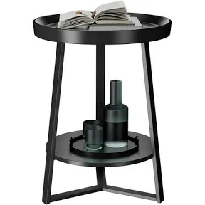 gadroad round end table with storage shelf, 2 tier farmhouse side table nightstand for living room, bedroom, wood tabletop & black metal frame, black 15.7 * 15.7 * 23.0inches