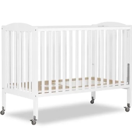 dream on me full size 2-in-1 folding stationary side crib in white, locking wheels, folds flat for storage, comes with teething guard, non-toxic finish