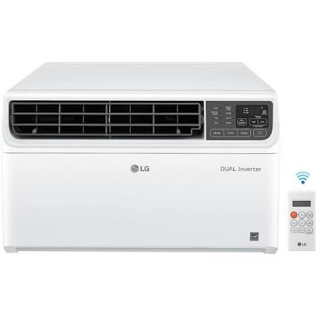 lg 23,500 btu dual inverter smart window air conditioner, 230v, air conditioner cools rooms up to 1,440 sq. ft., ultra quiet operation, with lg thinq, amazon alexa & hey google, white