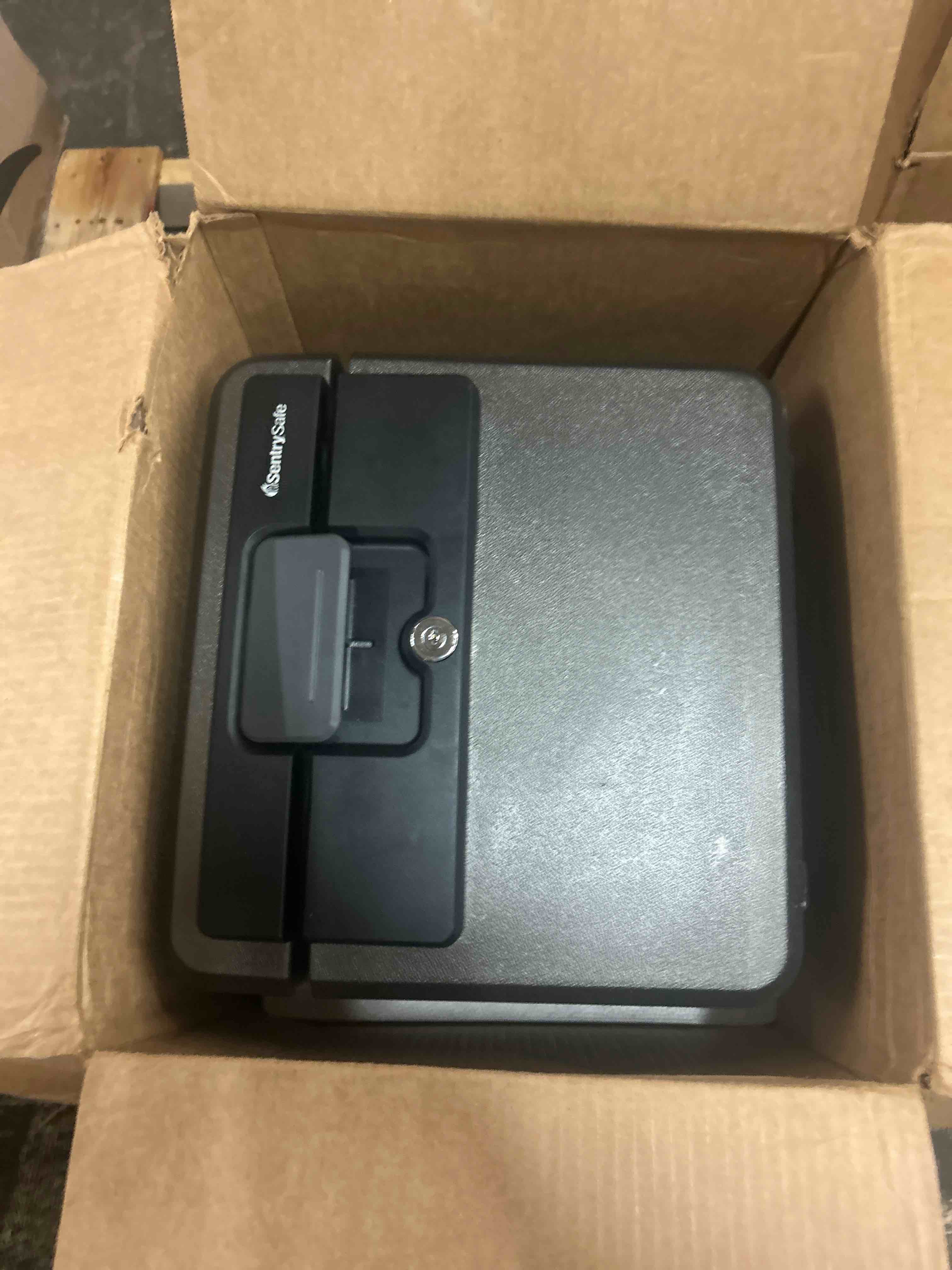 Condition photo showing New/Like New for sentrysafe black fireproof and waterproof safe, file folder and document box with key lock, 14.3 x 15.5 x 13.5 inches, hd4100