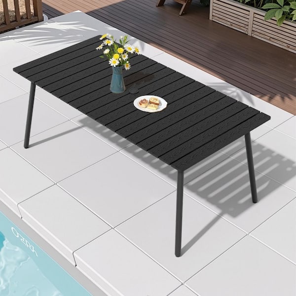 70 in. aluminum black rectangular outdoor patio dining table with umbrella hole seats 6-people