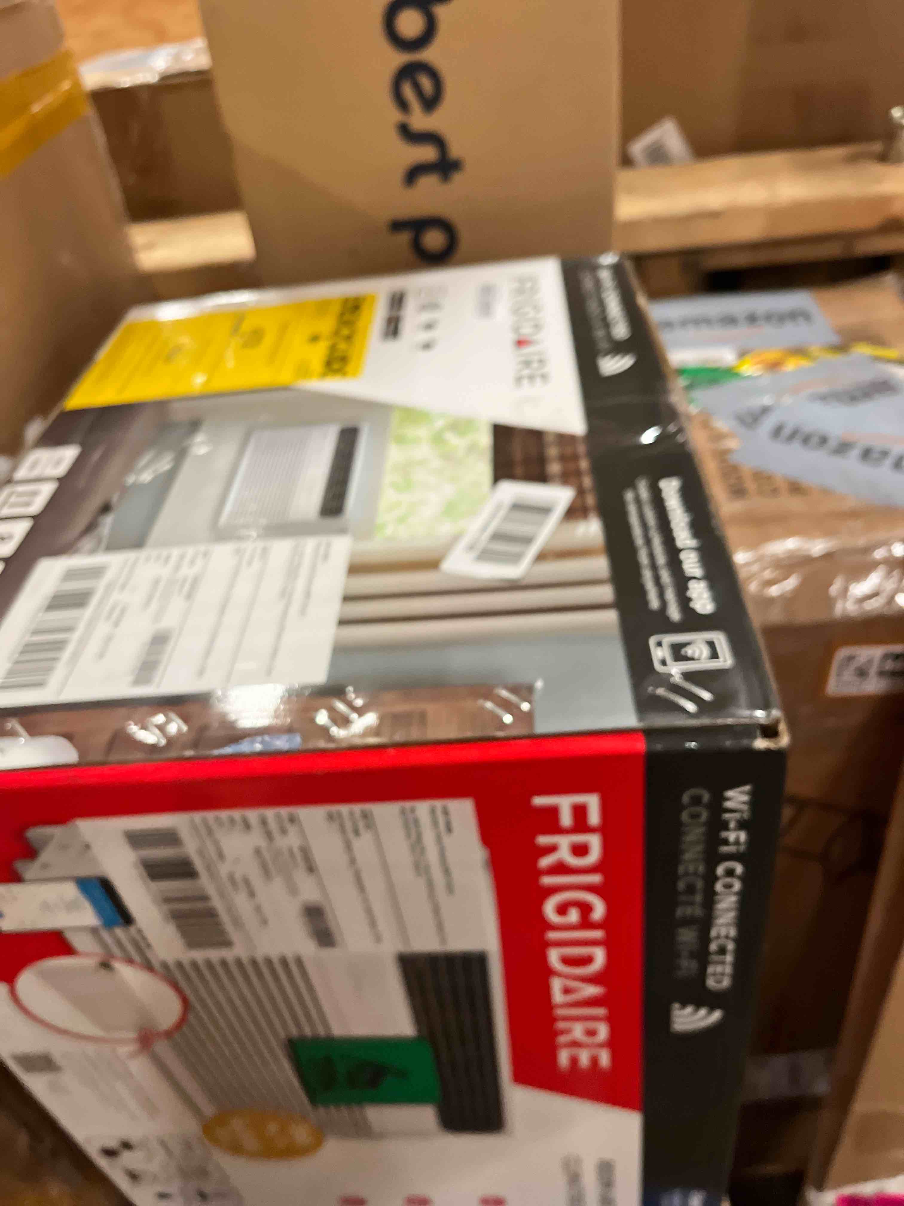 Condition photo showing New/Like New for frigidaire 8,000 btu smart window air conditioner with wi-fi, cools up to 350 sq. ft., remote control, quiet operation, eco mode, 3 fan speeds, white
