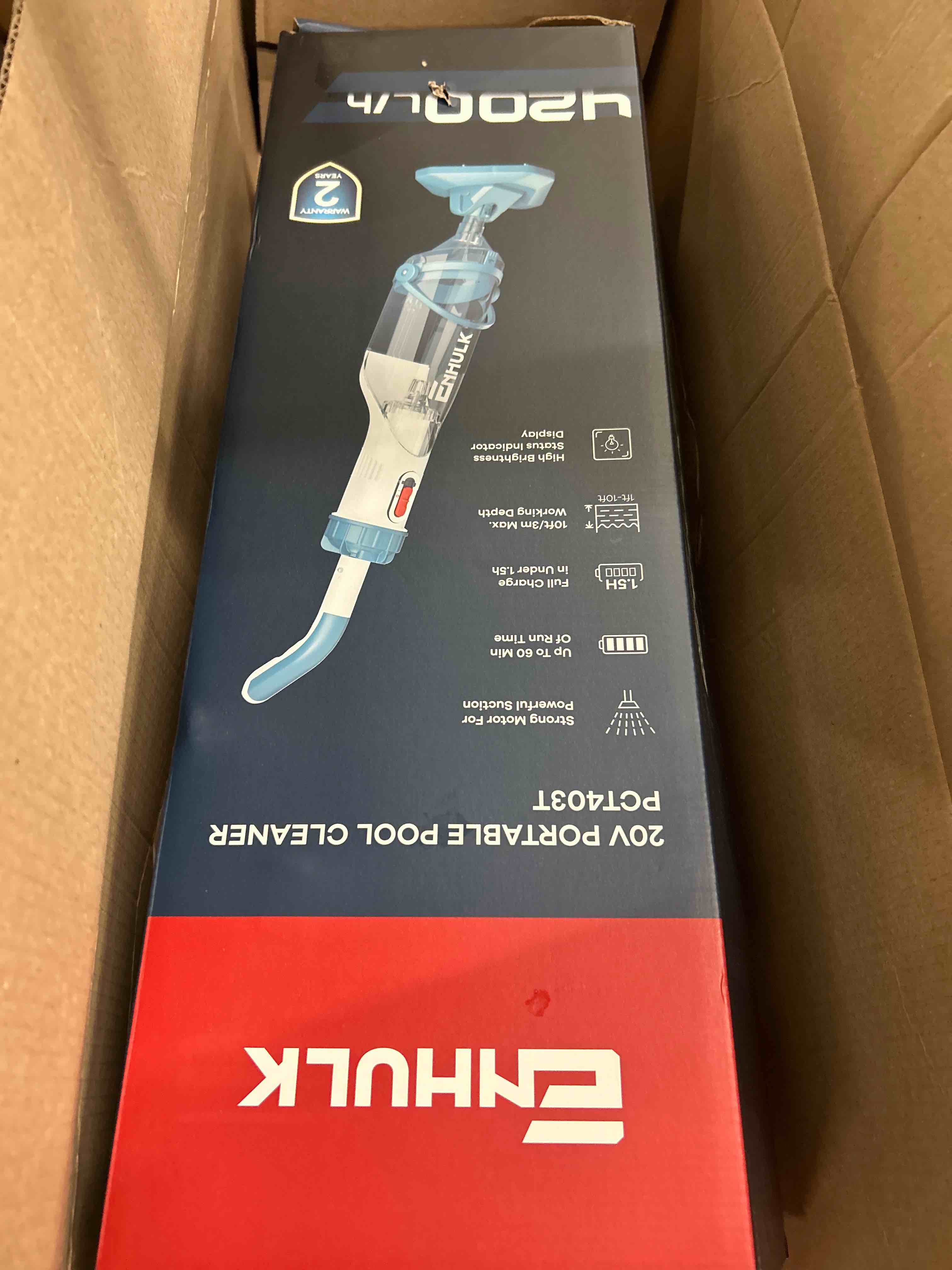 Condition photo showing New/Like New for pool vacuum for above ground pool with a telescopic pole, running time up to 1h, handheld rechargeable pool cleaner with powerful suction up to 18.5 gallons/min, ideal for leaves & debris, pc10