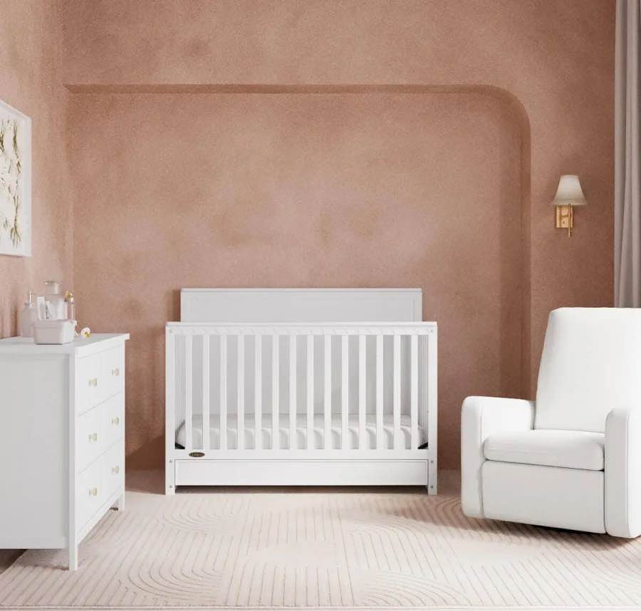 graco sasha 5-in-1 convertible crib with drawer - greenguard gold certified wood crib, converts to toddler bed, daybed, full-size bed, stylish classic design (blush)