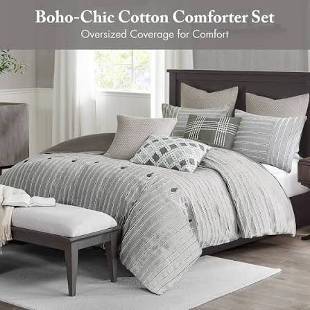 Condition photo showing New/Like New for madison park signature king comforter set, removable 100% cotton duvet cover king size with insert, farmhouse bedding, textured stripe clipped jacquard accent, king, grey 9 piece