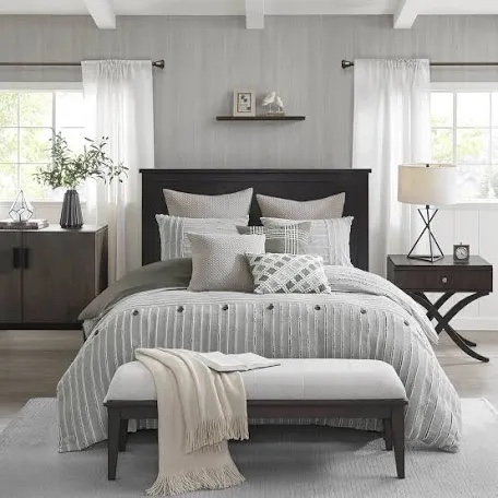 madison park signature king comforter set, removable 100% cotton duvet cover king size with insert, farmhouse bedding, textured stripe clipped jacquard accent, king, grey 9 piece