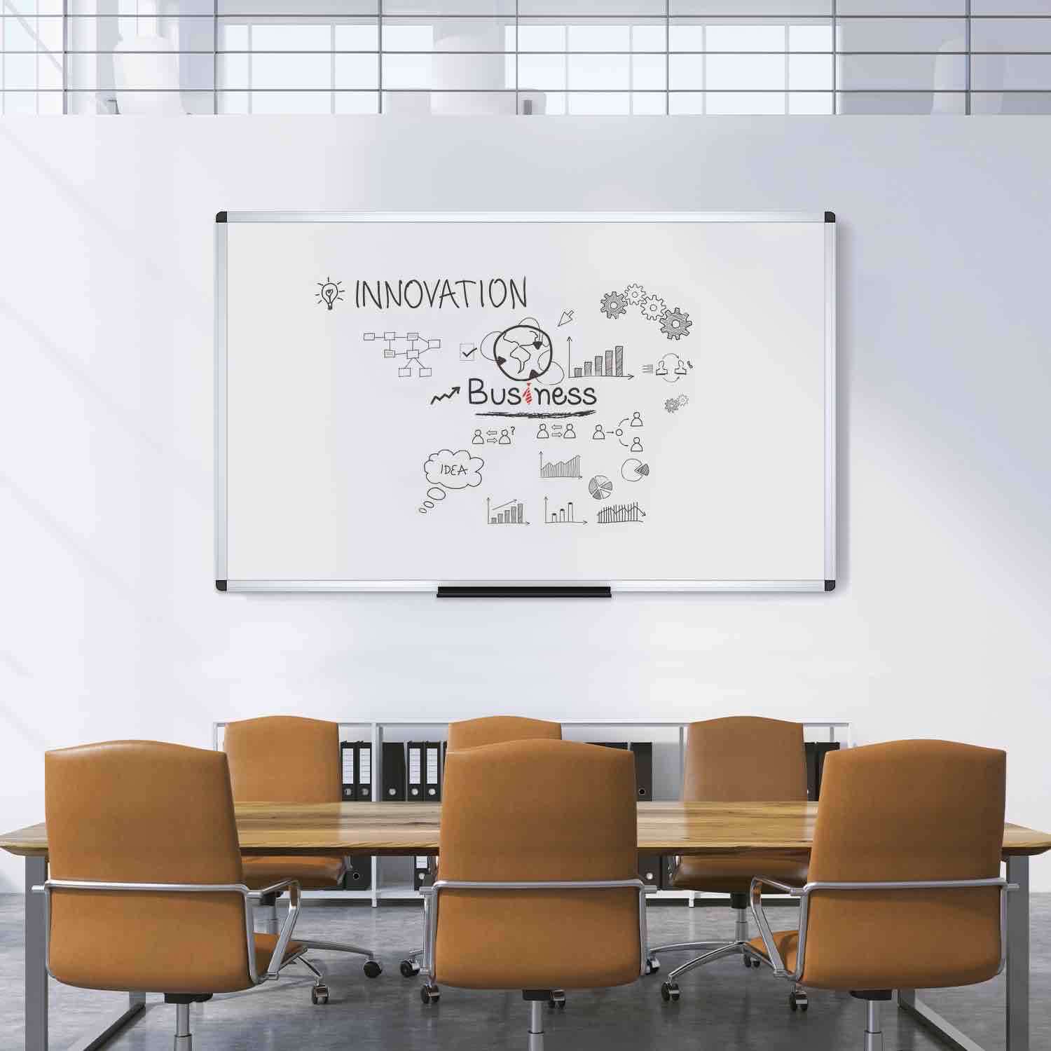 viz-pro large dry erase board/wall mounted whiteboard, 72 x 48 inches | 6' x 4', aluminum frame, with marker tray, for school office and home
