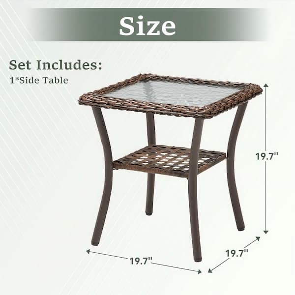 Condition photo showing New/Like New for moosprr roundease brown wicker outdoor side table with tempered glass top and storage space