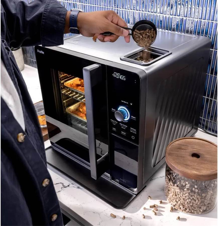ge profile smart indoor pellet smoker, with active smoke filtration, 5 smoke control settings, wifi connected, electric, countertop bbq appliance, black