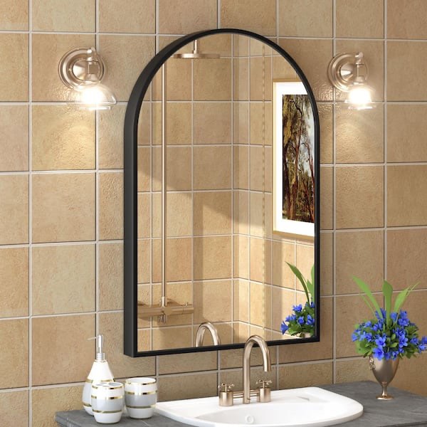 20 in. w x 30 in. h arch aluminum alloy framed and tempered glass wall decor bathroom vanity mirror in matte black