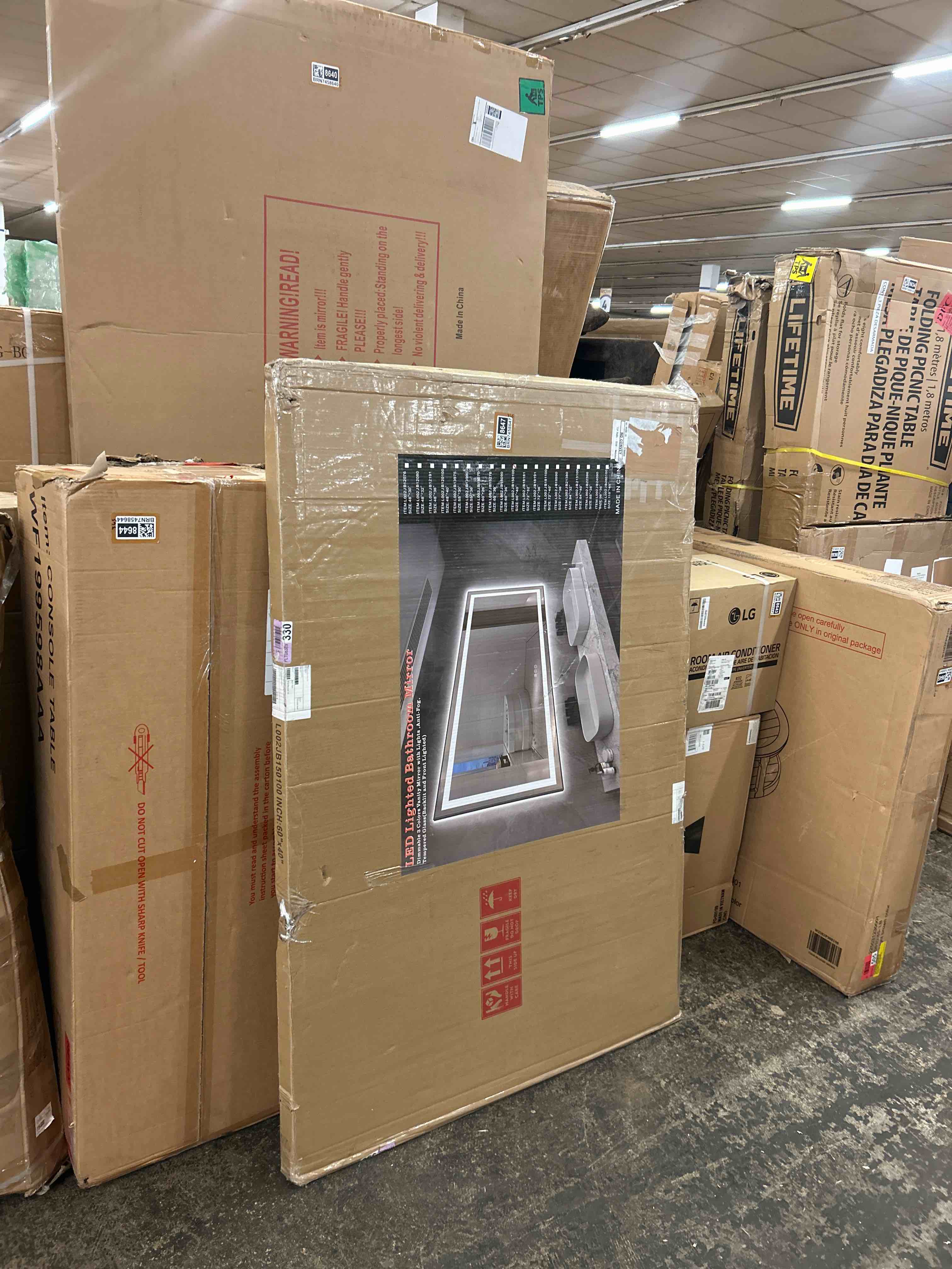 Condition photo showing New/Like New for apmir 60in. w x 40in. h rectangular framed ul certified front and back led anti-fog tempered glass wall bathroom vanity mirror