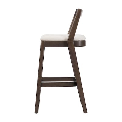 Condition photo showing New/Like New for jasper indoor rubberwood barstool dark brown finished and beige upholstery set of 2