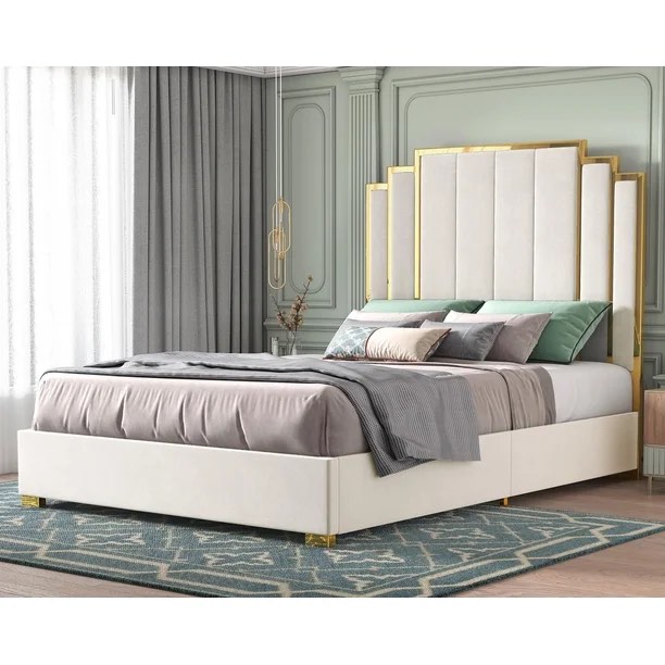Condition photo showing New/Like New for queen size bed frame and 61" headboard, upholstered bed with golden plating trim, cream