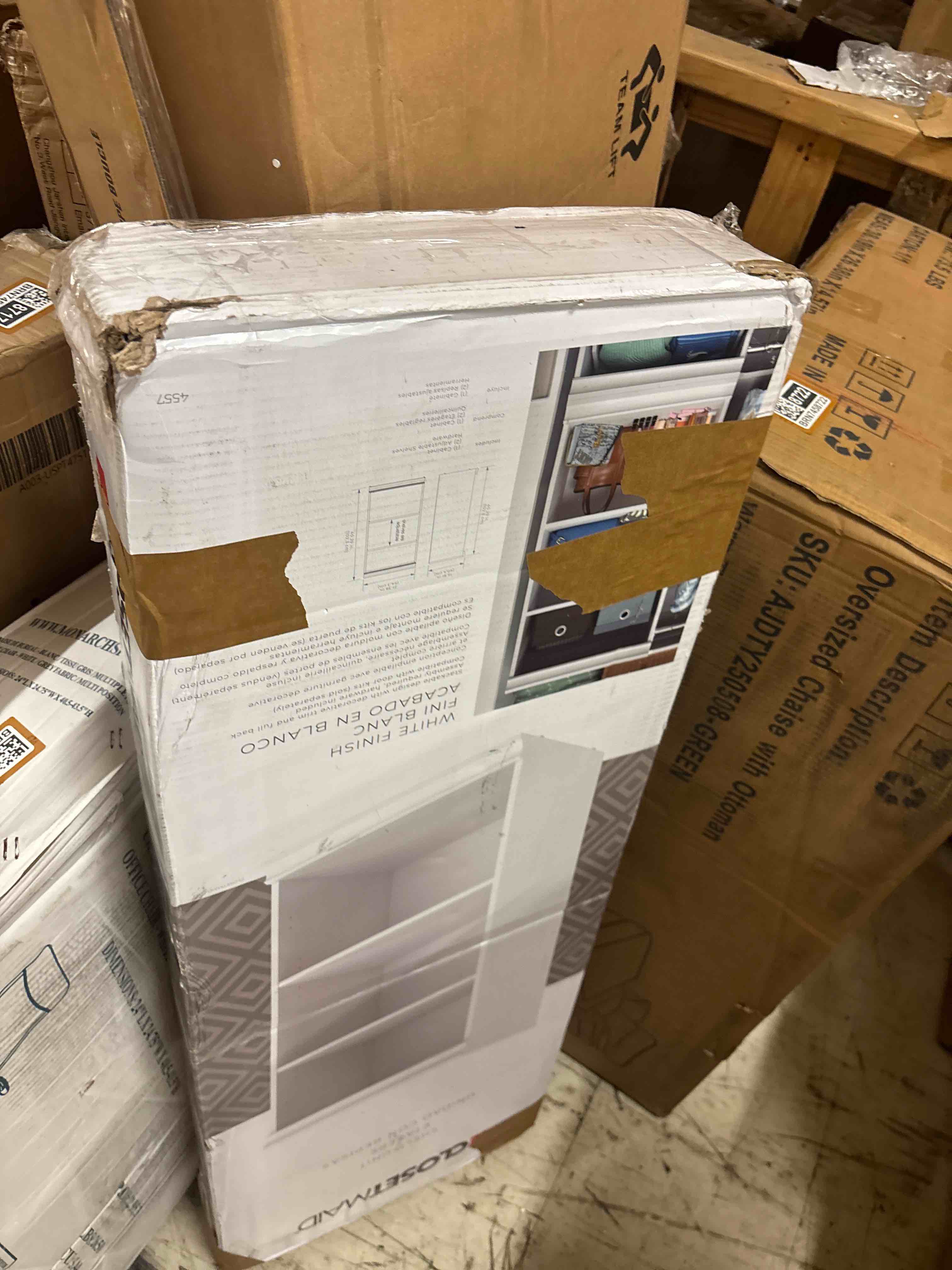 Condition photo showing New/Like New for closetmaid modular storage shelf unit with 3 shelves, white