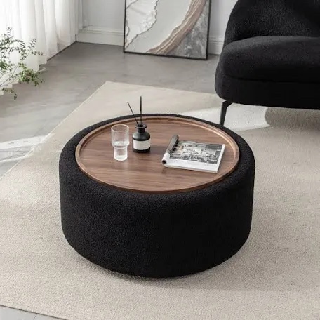 Condition photo showing New/Like New for colamy fabric round storage ottoman with reversible tray lid - multi-functional footrest, hidden storage, sturdy & stylish small coffee table for living room, bedroom, or entryway