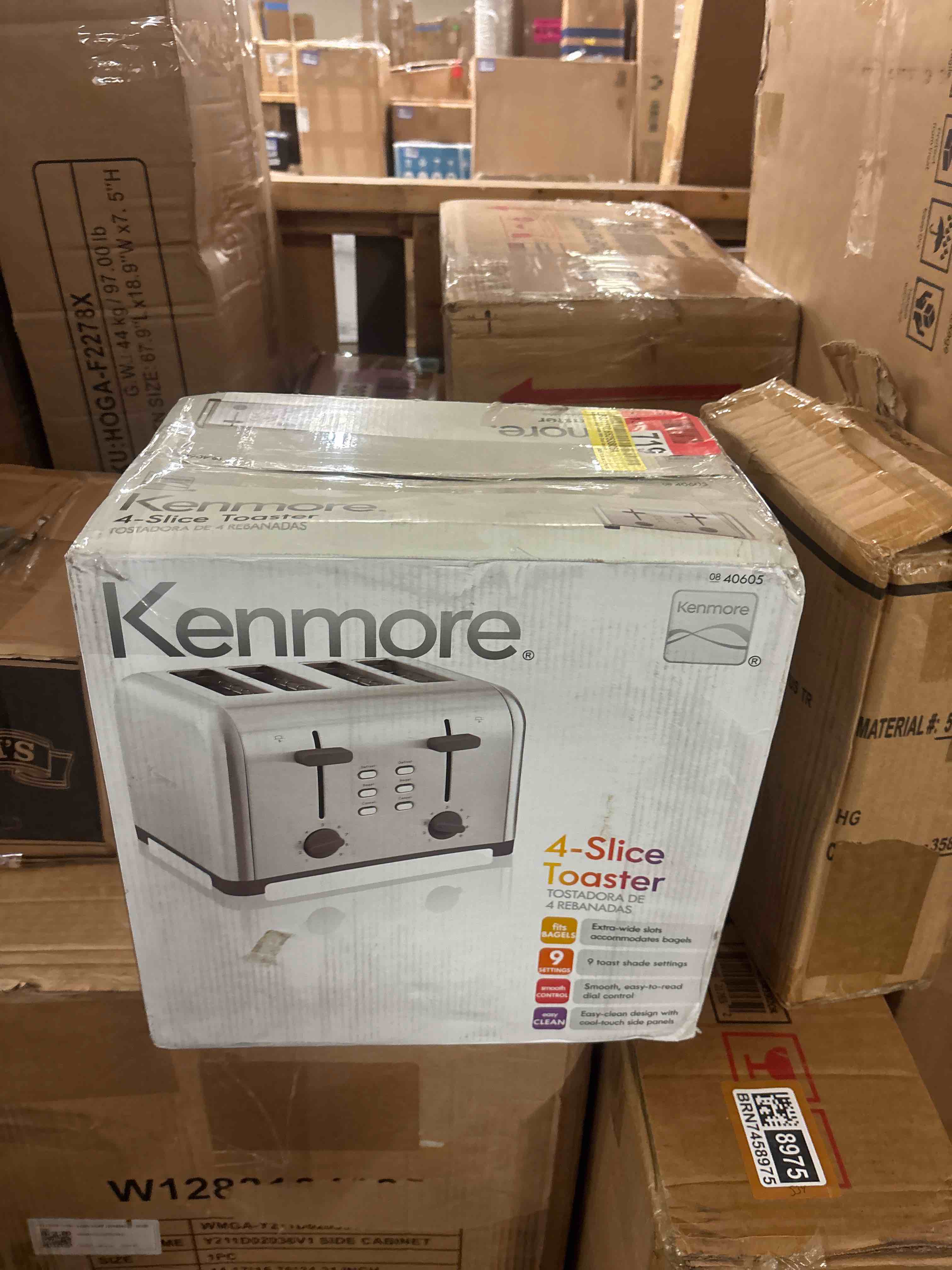 Condition photo showing New/Like New for kenmore toaster 4 slice - extra wide slot countertop kitchen appliance, defrost function, grille-pain, 9 shade settings, compact design, easy clean crumb tray, bread bagel, stainless steel silver