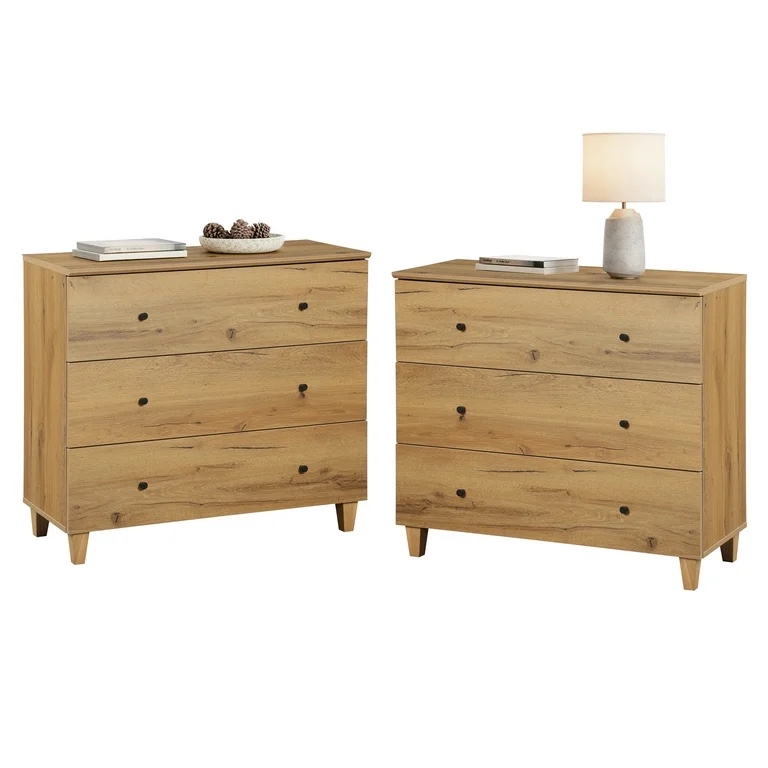 Condition photo showing New/Like New for nightstand with 3 wide drawers for bedroom, modern wood bedside table dresser chest, large night stand sofa side end table for living room, oak brown, 35 inches