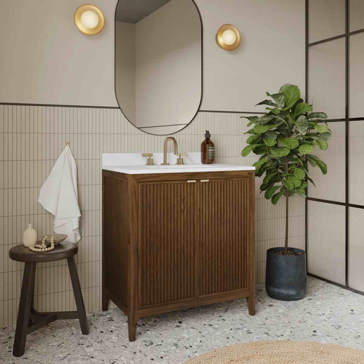 Condition photo showing New/Like New for kendal reeded 30" brown oak bathroom vanity base