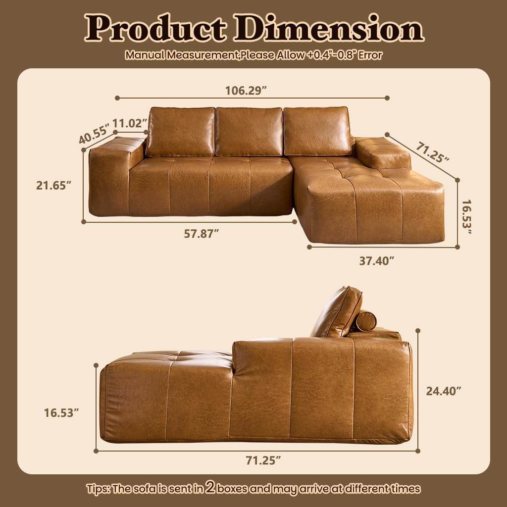 Condition photo showing New/Like New for 106" boneless couches for living room, brown faux leather cloud sectional couches with chaise, deep seat l shaped modular sofa (sofa needs lite cleaning) 69.68"d x 114.17"w x 22.44"h