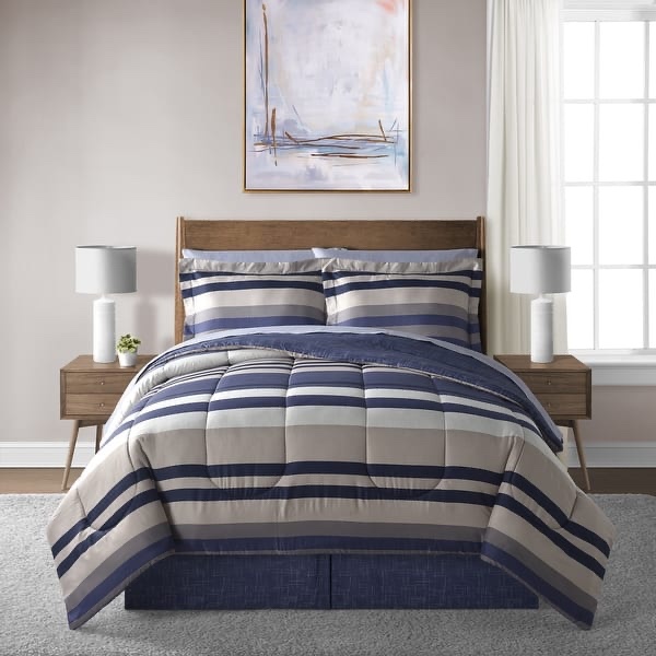 8pc Full Xavier Stripe Bed in a Bag Comforter Set Blue - Lanwood Home