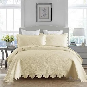 TK110 Beige Khaki Floral King Size Cotton Oversized Bedspread Set Coverlet Set Lightweight Quilt Set